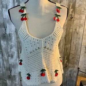 White Crochet Top with Cherry Accents. Size XS